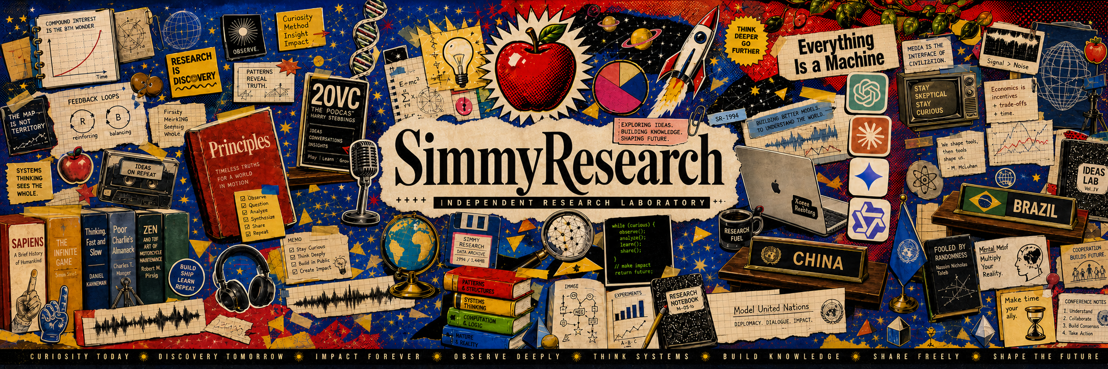 SimmyResearch subway wall poster with research notes, books, maps, technology symbols, and systems thinking themes