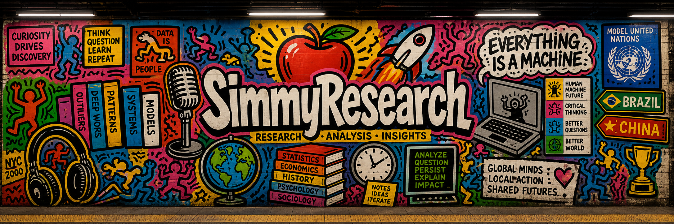 SimmyResearch research collage poster with books, charts, global systems symbols, and technology notes