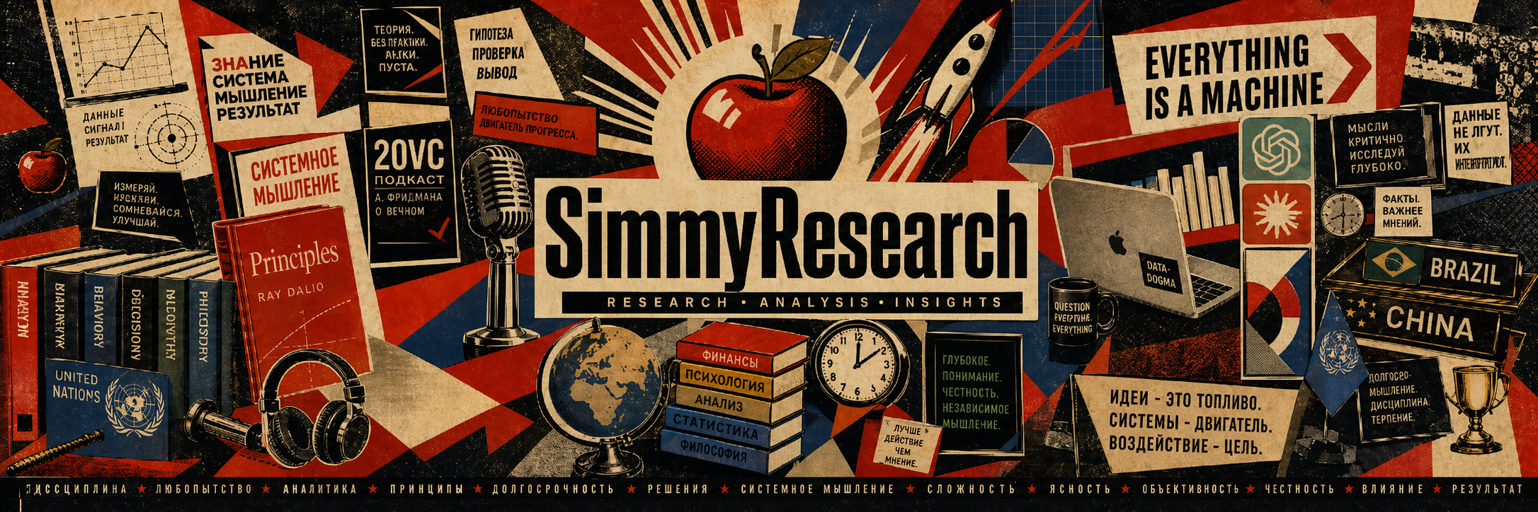 SimmyResearch research collage poster with systems thinking, AI, economics, and global analysis motifs